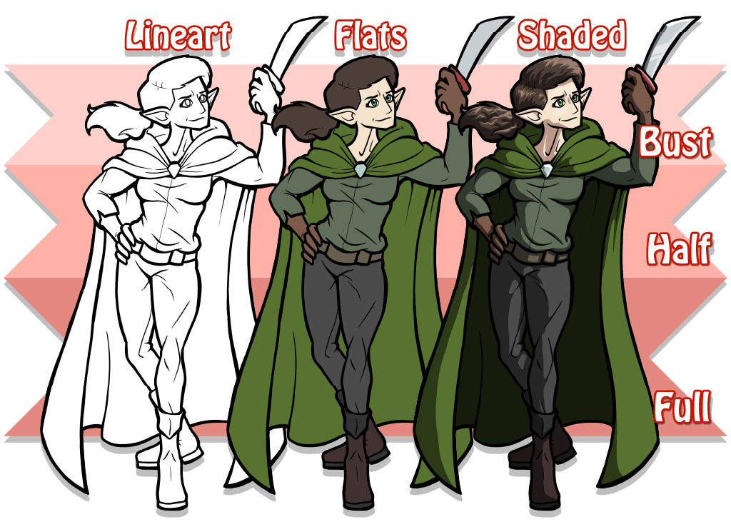 Image showing lineart, flat colours, and full shading, with scale of bust, half-body, and full-body.