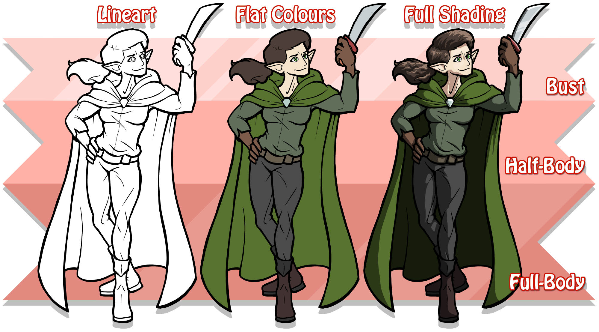 Image showing lineart, flat colours, and full shading, with scale of bust, half-body, and full-body.